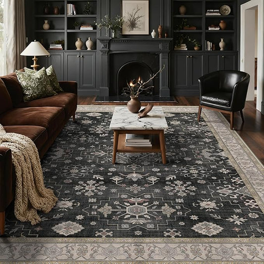 GENIMO 9x12 Area Rugs for Living Room,Machine Washable Non-Slip Vintage Rug, Low Pile Lightweight Carpet for Bedroom, Dining Room, Home Office, Stain & Fade Resistant,Black