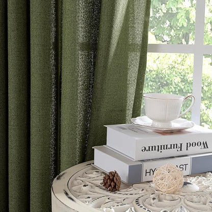YoungsTex Olive Green Linen Curtains 78 Inch Length for Living Room, Light Filtering Semi Sheer Window Drapes with Rod Pocket Back Tab for Office Dining Bedroom, 2 Panels, 52 X 78 Inch