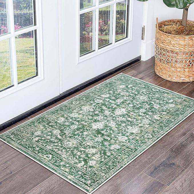 KILOCOCO Moroccan Small Area Rug 2x3 Entryway Rugs Printed Vintage Floral Washable Rug Non-Slip Kitchen Rug Indoor Door Mat, Accent Throw Small Rugs for Laundry Room Bedroom Entrance, Green