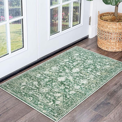 KILOCOCO Moroccan Small Area Rug 2x3 Entryway Rugs Printed Vintage Floral Washable Rug Non-Slip Kitchen Rug Indoor Door Mat, Accent Throw Small Rugs for Laundry Room Bedroom Entrance, Green