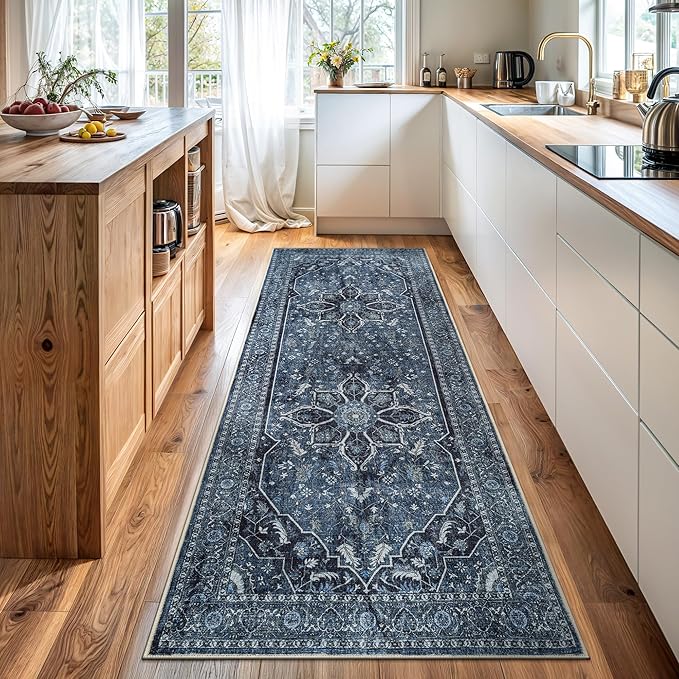 Bloom Rugs Caria Washable Non-Slip 7 ft Runner - Blue/Charcoal Traditional Runner for Entryway, Hallway, Bathroom, and Kitchen - Exact Size: 2'6" x 7'