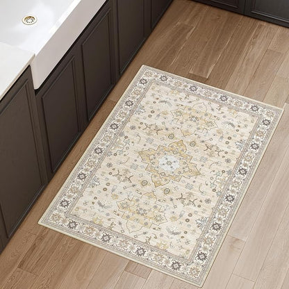 2x3 Entryway Rug, Beige Small Boho Washable Rug, Soft Modern Non-Slip Area Rug, Low Pile Carpet for Entryway Kitchen Bathroom Front Doormat Indoor Entrance Throw Rugs, Beige/Gold