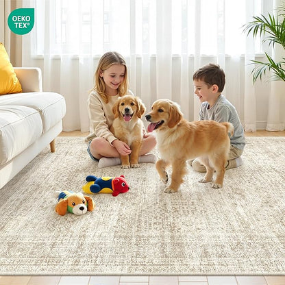 3x5 Washable Area Rug for Entryway, Soft Kitchen Rugs Non Slip for Dining Room, Vintage Abstract Living Room Rug, Thin Area Rugs Indoor for Bedroom, Kids Room Decor(3'x5', Beige/Ivory)