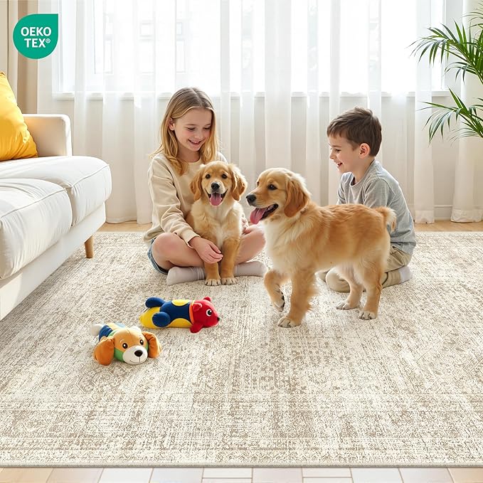 5x7 Area Rugs, Ultra-Thin Washable Rugs for Living Room, Anti-Slip Backing Area Rug for Bedroom, Soft Abstract Vintage Home Decor Rug for Dining Room(5'x7', Beige/Ivory)