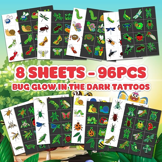 96PCS Glow in The Dark Bug Temporary Tattoos for Kids – Luminous Bug Stickers for Boys Girls Birthday Party Favors, Halloween Decorations, School Rewards, Bug-Themed Gifts (Luminous)