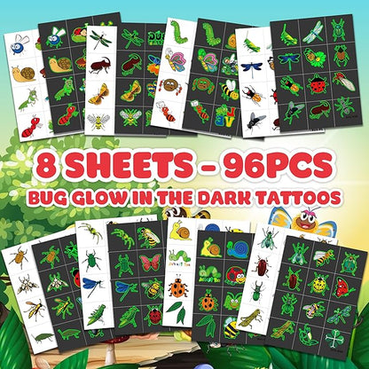 96PCS Glow in The Dark Bug Temporary Tattoos for Kids – Luminous Bug Stickers for Boys Girls Birthday Party Favors, Halloween Decorations, School Rewards, Bug-Themed Gifts (Luminous)