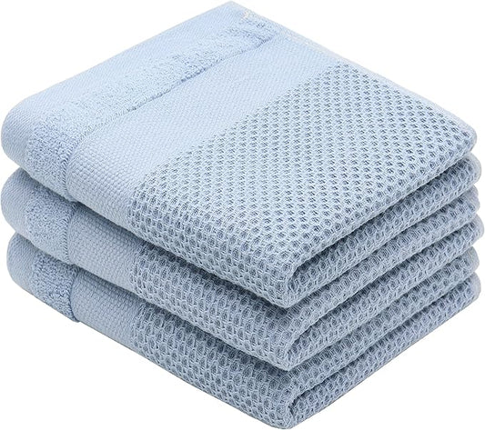 Mia'sDream Cotton Waffle Weave Hand Face Head Towel, Kitchen Tea Dish Washcloths, Soft Absorbent Bath Guest Gym, 13x28 Inch, 3 Pack (Blue)