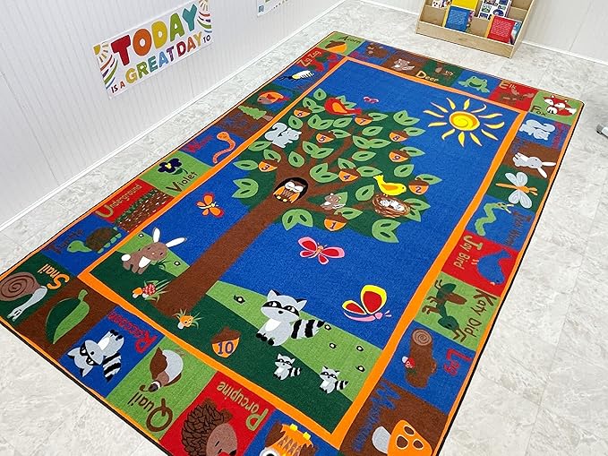 Forest Rug with Animal Alphabet, 4' x 6' Rectangle Animal Playroom Rug for Boys Girls | Area Rug for Kids Room Nursery Decor | Educational Learning for Children's Classroom