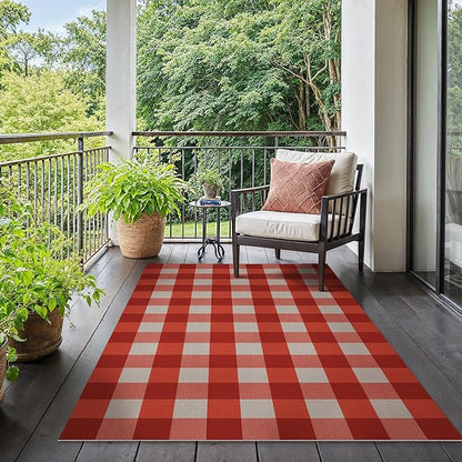 GENIMO Checkered Rug 3x5 Ft Red and White Outdoor Rug Buffalo Plaid Rugs Mat Fall Doormats Washable Rug for Front Porch Decor Indoor Entrance Patio Balcony Entryway