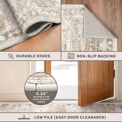 Washable Neutral Farmhouse Living Room Rug, 5x8 Area Rugs for Bedroom Under Bed, Nursery Room, Boho Vintage Floral Non-Slip Rug Low Pile Stain Resistant (5x8 Beige/Latte)