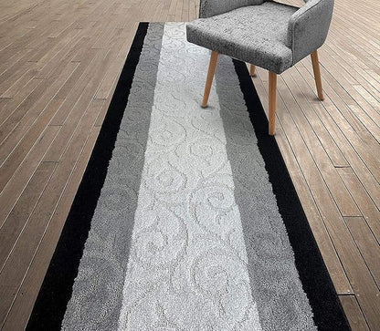 Custom Size Hallway Carpet Runner Rug, Slip Resistant, 31 Inch Wide X Your Choice of Length, Scroll Black, 31 Inch X 26 feet