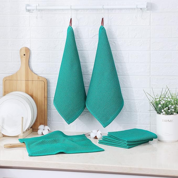 Kitinjoy 100% Cotton Kitchen Dish Cloths, 12 Pack Waffle Weave Ultra Soft Absorbent Dish Towels for Drying Dishes Quick Drying Kitchen Towels Dish Rags, 12 X 12 Inches, Teal