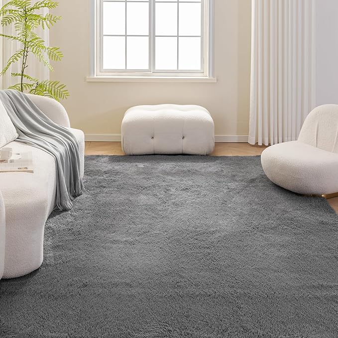 Amazon Basics Fluffy Washable Area Rug, Shaggy Carpet for Living Room, Bedroom, 6' W × 9' L, Dark Gray