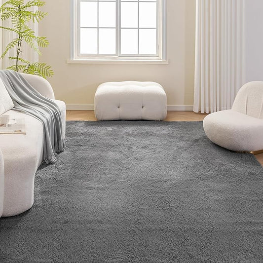 Amazon Basics Fluffy Washable Area Rug, Shaggy Carpet for Living Room, Bedroom, 8' W × 10' L, Dark Gray