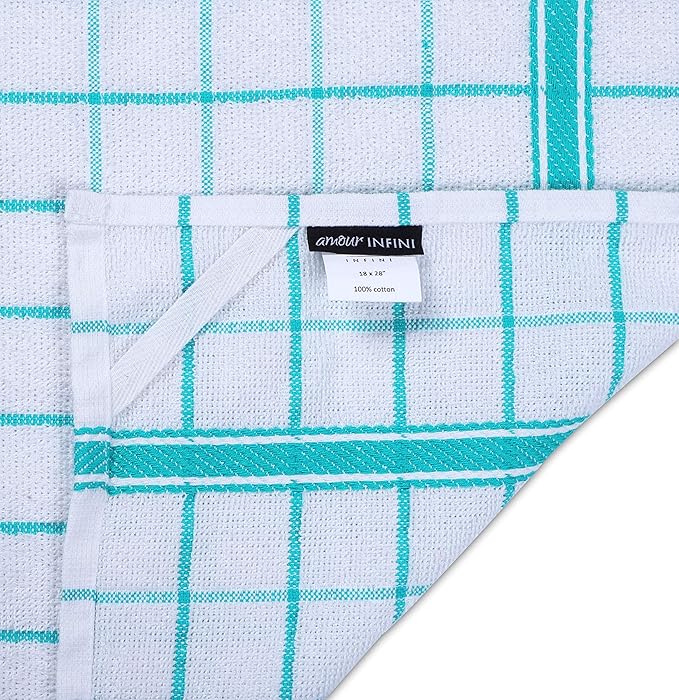 AMOUR INFINI Terry Cotton Kitchen Towels 4-Pack - Large 18 x 28 Inch, Absorbent & Soft Dish Towel with Hanging Loop, Washable Ideal for Cleaning, Drying (Teal)