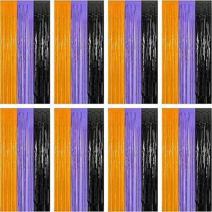 8 Pack Halloween Decorations Indoor, 3.28 FT x 7.05 FT Party Streamer, Orange Purple Black Streamer Backdrop Fringe Curtains Foil Tinsel, Halloween Party Supplies Hanging Halloween Decor