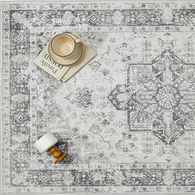 Gray 6x9 Area Rug Washable Vintage Living Room Carpet Non Slip Retro Distressed Low Pile Soft Oriental Medallion Thin Large Grey Throw Rug for Office Bedroom Dining Room Playroom
