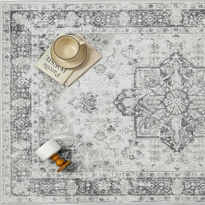 Gray 5x7 Area Rug Washable Vintage Living Room Carpet Non Slip Retro Distressed Low Pile Soft Oriental Medallion Thin Grey Throw Rug for Kitchen Bathroom Office Bedroom Dining Room