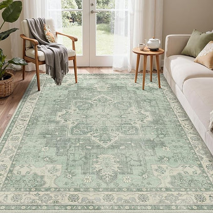 GENIMO 8x10 Area Rugs for Living Room, Machine Washable Non Slip Vintage Rugs, Low Pile Lightweight Chenille Print Rug for Bedroom, Dining Room, Home Office, Light Green