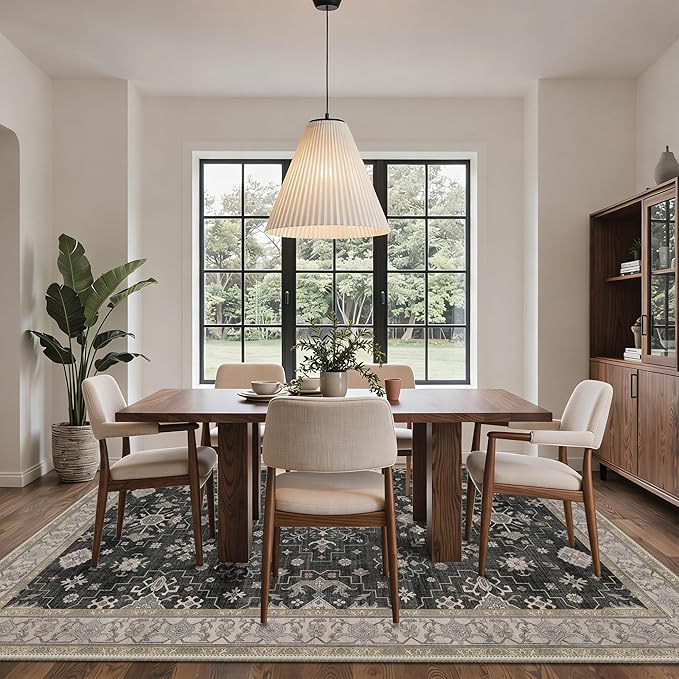 GENIMO 9x12 Area Rugs for Living Room,Machine Washable Non-Slip Vintage Rug, Low Pile Lightweight Carpet for Bedroom, Dining Room, Home Office, Stain & Fade Resistant,Black