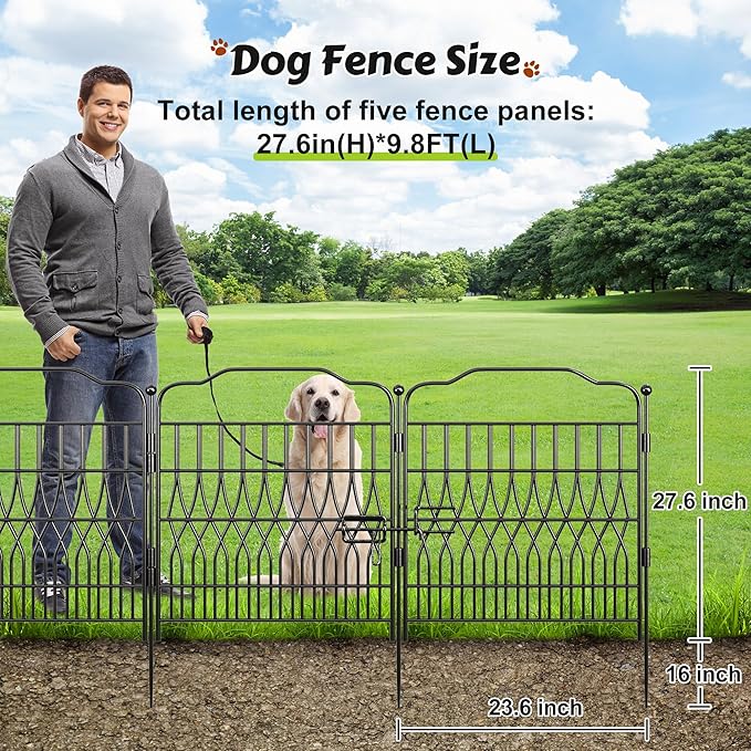 Bepatio 5 Panels Garden Fence with Latch - Total 27.6in（H） x 9.8ft(L) Dog Fence Outdoor for Yard, Arc Fencing Panels, Durable Metal Fencing & Garden Borders, Easy Set-Up, Black