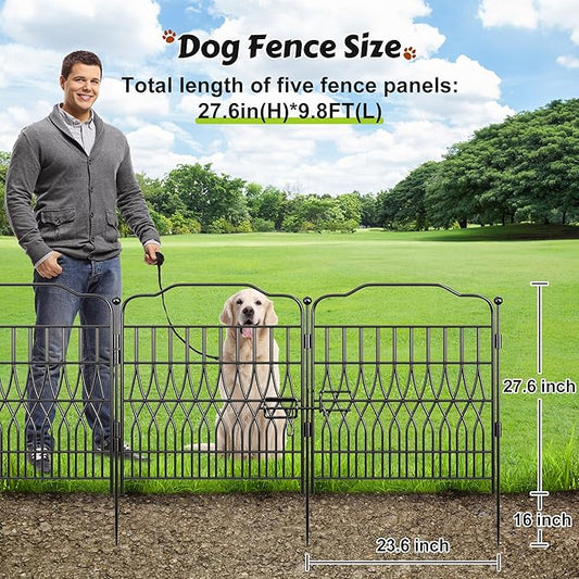 Bepatio 5 Panels Garden Fence with Latch - Total 27.6in（H） x 9.8ft(L) Dog Fence Outdoor for Yard, Arc Fencing Panels, Durable Metal Fencing & Garden Borders, Easy Set-Up, Black