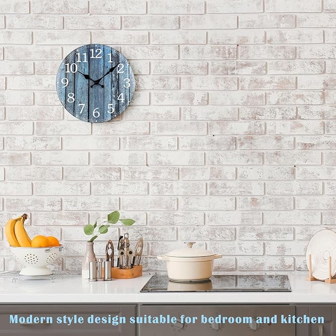 Plumeet Wall Clock, 12'' Frameless Wooden Wall Clocks with Silent Quartz Movement, Rustic Coastal Country Village Clocks Decorative for Kitchen Bedroom Living Room, Blue