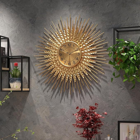 Large Mid Century Gold Wall Clock Decorative Modern Sunburst Wall Clocks, Metal Big Silent Non-Ticking Clock, Luxury Home Gift Decor for Living Room, Bedroom, Dining Room, 28 inch