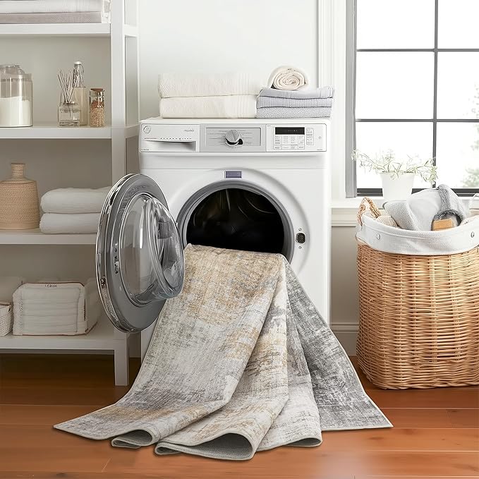 ReaLife Rugs Machine Washable Area Rug Runner - Living Room Bedroom Bathroom Kitchen Entryway Office - Padded Low Pile Stain Resistant Premium - Modern Abstract Contemporary - Quinn - Beige 2'6" x 8'