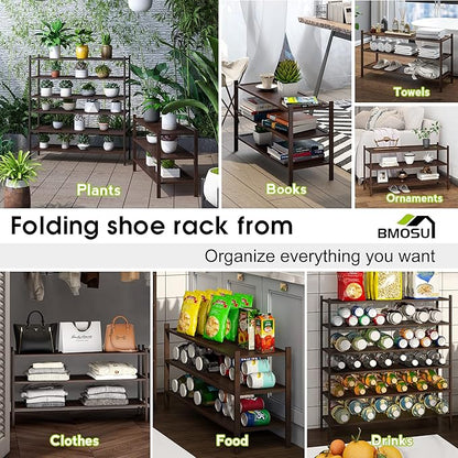 BMOSU 3-Tier Bamboo Extended Shoe Rack Premium Stackable Shoe Shelf Storage Organizer for Hallway Closet Living Room Entryway Organizer(Brown)