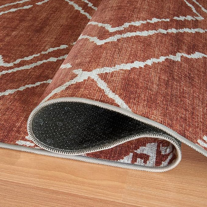 ReaLife Rugs Machine Washable Area Rug Runner - Living Room Bedroom Bathroom Kitchen Entryway Office - Padded Low Pile Stain Resistant Premium - Moroccan Diamond Tribal - Jax - Orange 3' x 5'
