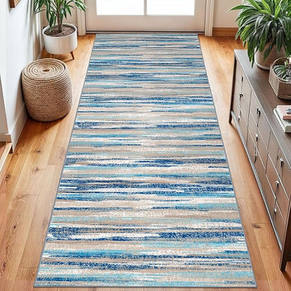 Modern Abstract Runner Rug 2.6x8, Blue Washable Kitchen Runner Non-Slip Soft Hallway Rug Runner Thin Print Faux Wool Carpet for Entryway Bedroom Laundry Room Indoor Home Decor
