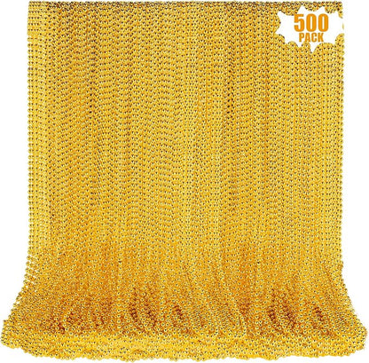 500 PCS Gold Bead Necklace, 33 Inch Mardi Gras Christmas Beads, Bulk Metallic Party Beads for Mardi Gras Parade, St Patricks Day, Wedding, Birthday, Pirate Party, Carnival Party Favors