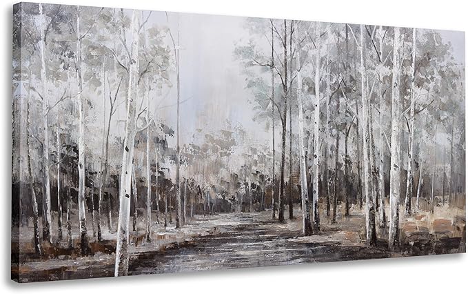 White Birch Tree Wall Art Grey Forest Painting Abstract Canvas Art Landscape Panoramic Picture Nature Artwork Framed for Living Room Bedroom Dinning Room Home Office Wall Decor 59"x28"