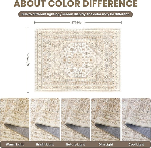 zesthome 5x8 Area Rugs - Ultra-Thin Washble Rug, Stain Resistant Anti Slip Backing Rugs for Living Room,Bedroom, Vintage Home Decor Area Rug(Cream/Beige,5'x8')