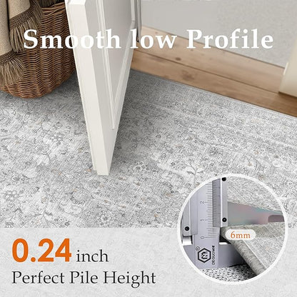 Gray Area Rug 6x9 for Living Room Washable Vintage Carpet Low Pile Non Slip Distressed Soft Traditional Retro Oriental Large Grey Accent Throw Rug Office Bedroom Dining Room Playroom