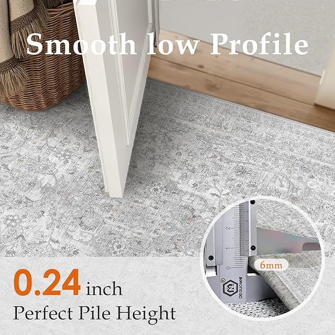Gray Area Rug 5x7 for Living Room Washable Vintage Carpet Low Pile Non Slip Distressed Soft Traditional Retro Oriental Grey Accent Throw Rug Office Kitchen Bedroom Bathroom Dining Room