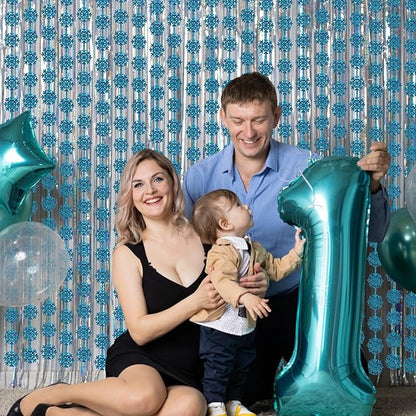 BRAVESHINE Blue Party Snowflake Backdrop - 2 Pack Hanging Foil Fringe Snow Flakes Party Streamers Curtain for Christmas Winter-Themed Frozen Birthday Bridal Shower Holiday New Year Party Decorations