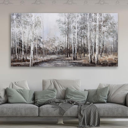 White Birch Tree Wall Art Grey Forest Painting Abstract Canvas Art Landscape Panoramic Picture Nature Artwork Framed for Living Room Bedroom Dinning Room Home Office Wall Decor 40"x20"