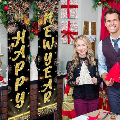 KatchOn, XtraLarge Happy New Year Banner 2026-72x12 Inch | Happy New Year Door Banner for Black and Gold New Years Decorations 2026 | Front Porch Sign, New Years Eve Party Supplies 2026 | NYE Decor