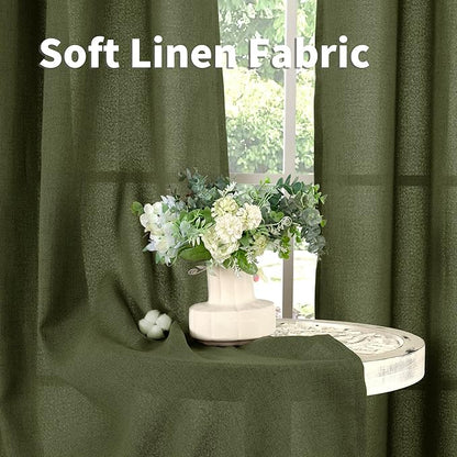 YoungsTex Olive Green Linen Curtains for Living Room 84 Inch Length, Semi Sheer Drapes with Rod Pocket Back Tab Light Filtering Window Treatments for Bedroom Farmhouse, 2 Panels, 52 X 84 Inch