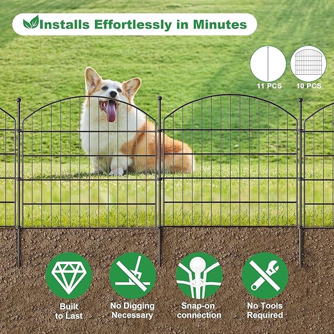 24 in(H) x20 Ft(L) No Dig Heavy Duty Metal Fence - 10 Panels Thick Rust-Resistant Decorative Fence Posts for Yard Security, Garden, Lawn, Farm and Poultry (Black)
