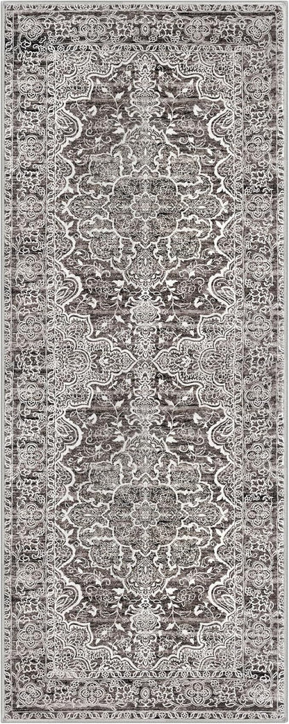 KUTA Vintage Washable Runner Rug, 2.6x8 Runners for Hallways Non-Slip Tan Grey Kitchen Rugs Ultra Soft Printed Tribal Floor Carpet for Bedroom Living Room Nursery Playroom