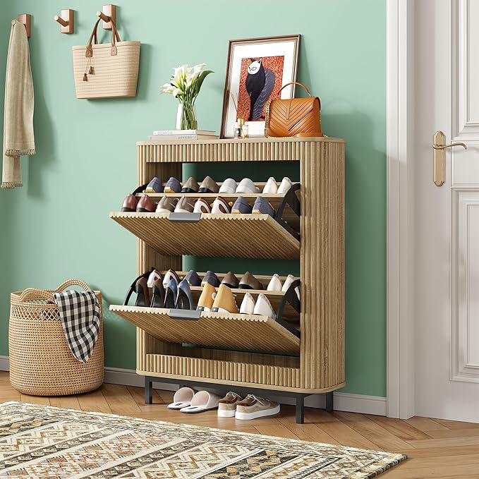 Shoe Cabinet with 2 Flip Drawers, Arc Narrow Wood Shoe Storage Cabinet with Fluted Panel and Metal Legs, Freestanding Wood Hidden Shoe Rack Cabinet for Foyer, Hallway, Nature