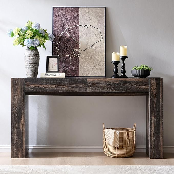 OKD Modern Entryway Console Table, Sofa Table with Drawers, 63" Long Hall Table Behind Couch, Thick Wood Design for Living Room, Hallway - Dark Rustic Oak