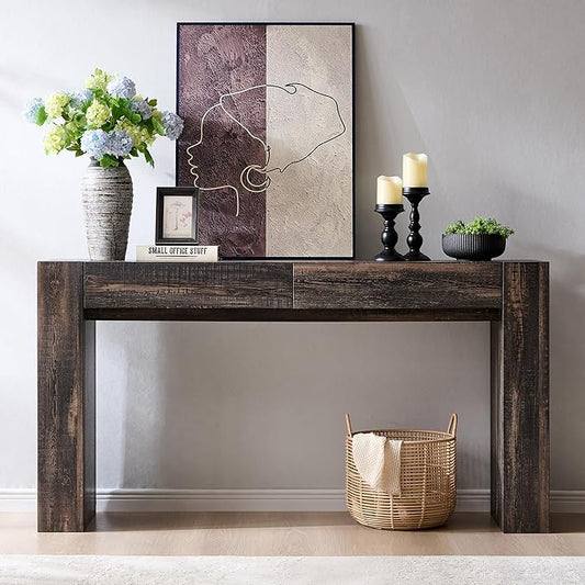 OKD Modern Entryway Console Table, Sofa Table with Drawers, 63" Long Hall Table Behind Couch, Thick Wood Design for Living Room, Hallway - Dark Rustic Oak
