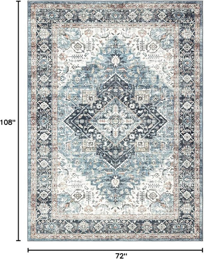 Area Rug 6×9, Large Vintage Boho Rug,Ultra-Soft Low Pile, Washable, Non Slip,Stain Resistant, Printed Carpet for Living Room Bedrooms Playroom Office Kitchen, Blue/Navy