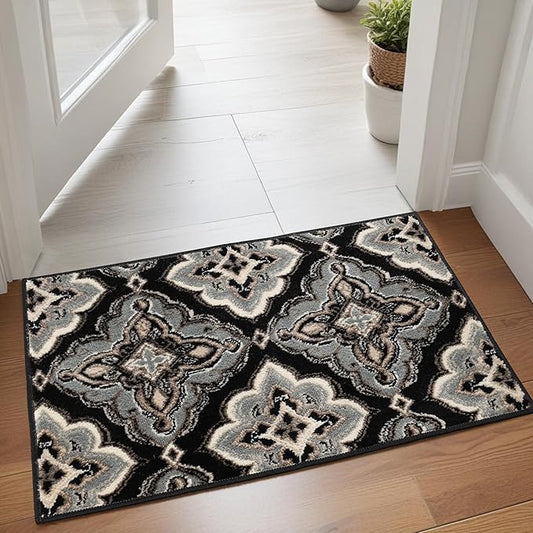 Superior Indoor Area Rug, Jute Backing, Medallion Rugs for Entryway, Living Room, Kitchen Floors, Bedroom, Office, Plush Floor Cover, Traditional Aesthetic, Crawford Collection, 2x3, Black Ivory