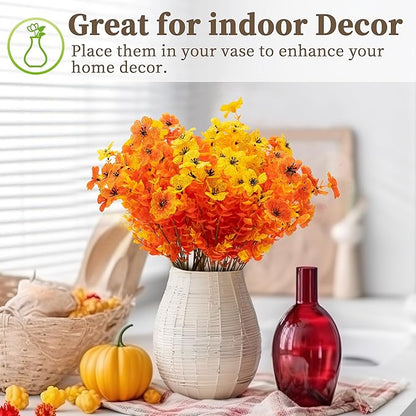 16 Bundles Artificial Mums for Outdoors/Indoors Faux Mums for Outdoor Planters, Eucalyptus Leaves Fall Flowers Artificial for Decoration Boxwood Garden Porch Window Home Wedding (Yellow&Red Orange)
