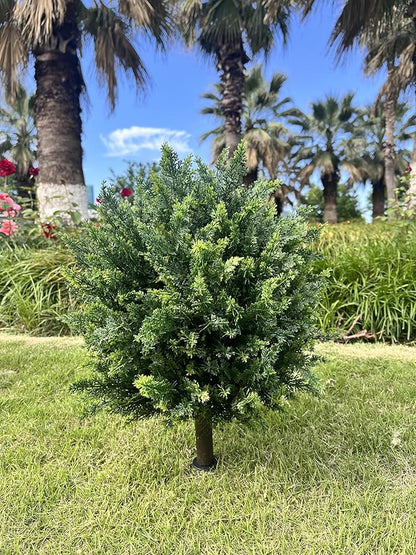 Artificial Cedar Topiary Ball Tree with Ground Spike 27.5", Set of 2 Outdoor Faux Plants UV Resistant Fake Bushes Shrubs for Garden, Yard, Porch, Patio Decor